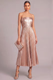 Pink Metallic Strapless Pleated Midi Wedding Guest Dress