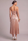 Pink Metallic Strapless Pleated Midi Wedding Guest Dress
