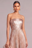 Pink Metallic Strapless Pleated Midi Wedding Guest Dress