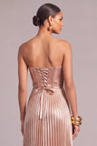 Pink Metallic Strapless Pleated Midi Wedding Guest Dress