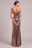 Golden Corset Off the Shoulder Ruched Maxi Wedding Guest Dress