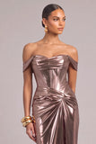 Golden Corset Off the Shoulder Ruched Maxi Wedding Guest Dress
