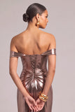 Golden Corset Off the Shoulder Ruched Maxi Wedding Guest Dress