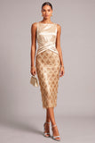Golden Sheath Boat Neck Ruched Midi Wedding Guest Dress with Fringes