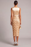 Golden Sheath Boat Neck Ruched Midi Wedding Guest Dress with Fringes