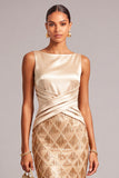 Golden Sheath Boat Neck Ruched Midi Wedding Guest Dress with Fringes