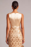 Golden Sheath Boat Neck Ruched Midi Wedding Guest Dress with Fringes