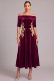Burgundy A-Line Off the Shoulder Velvet Midi Wedding Guest Dress with Appliques