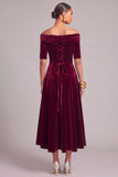 Burgundy A-Line Off the Shoulder Velvet Midi Wedding Guest Dress with Appliques