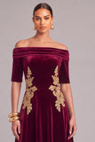 Burgundy A-Line Off the Shoulder Velvet Midi Wedding Guest Dress with Appliques