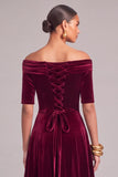 Burgundy A-Line Off the Shoulder Velvet Midi Wedding Guest Dress with Appliques
