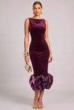 Burgundy Sheath Cowl Neck Ruffled Midi Wedding Guest Dress