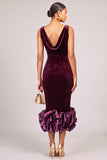 Burgundy Sheath Cowl Neck Ruffled Midi Wedding Guest Dress