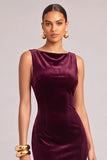 Burgundy Sheath Cowl Neck Ruffled Midi Wedding Guest Dress