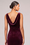 Burgundy Sheath Cowl Neck Ruffled Midi Wedding Guest Dress