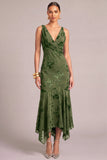 Army Green Mermaid V-Neck Floral Ruched Asymmetrical Wedding Guest Dress