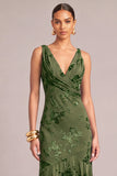 Army Green Mermaid V-Neck Floral Ruched Asymmetrical Wedding Guest Dress