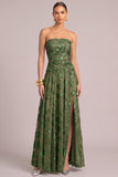 Army Green Floral A-Line Strapless Ruched Maxi Wedding Guest Dress with Slit