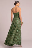 Army Green Floral A-Line Strapless Ruched Maxi Wedding Guest Dress with Slit