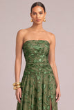 Army Green Floral A-Line Strapless Ruched Maxi Wedding Guest Dress with Slit