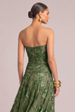 Army Green Floral A-Line Strapless Ruched Maxi Wedding Guest Dress with Slit