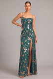 Dark Green A-Line Spaghetti Straps Floral Maxi Wedding Guest Dress with Slit