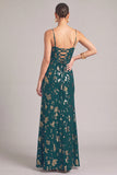 Dark Green A-Line Spaghetti Straps Floral Maxi Wedding Guest Dress with Slit