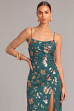 Dark Green A-Line Spaghetti Straps Floral Maxi Wedding Guest Dress with Slit