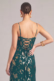 Dark Green A-Line Spaghetti Straps Floral Maxi Wedding Guest Dress with Slit