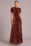Brown A-Line Round Neck Floral Short Sleeves Maxi Wedding Guest Dress