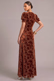 Brown A-Line Round Neck Floral Short Sleeves Maxi Wedding Guest Dress