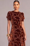 Brown A-Line Round Neck Floral Short Sleeves Maxi Wedding Guest Dress