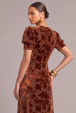 Brown A-Line Round Neck Floral Short Sleeves Maxi Wedding Guest Dress