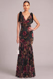Black Mermaid Ruffled V-Neck Floral Velvet Long Formal Dress with Bow