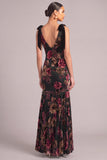Black Mermaid Ruffled V-Neck Floral Velvet Long Formal Dress with Bow