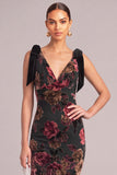 Black Mermaid Ruffled V-Neck Floral Velvet Long Formal Dress with Bow