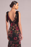 Black Mermaid Ruffled V-Neck Floral Velvet Long Formal Dress with Bow