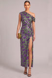 Green Floral One Shoulder Sheath Ruched Maxi Wedding Guest Dress with Slit