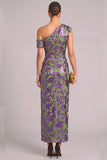 Green Floral One Shoulder Sheath Ruched Maxi Wedding Guest Dress with Slit