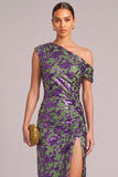 Green Floral One Shoulder Sheath Ruched Maxi Wedding Guest Dress with Slit