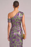 Green Floral One Shoulder Sheath Ruched Maxi Wedding Guest Dress with Slit