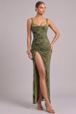 Army Green Sheath Thick Straps Ruched Maxi Wedding Guest Dress with Slit