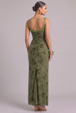 Army Green Sheath Thick Straps Ruched Maxi Wedding Guest Dress with Slit