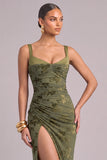 Army Green Sheath Thick Straps Ruched Maxi Wedding Guest Dress with Slit