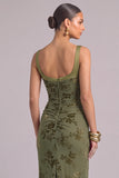 Army Green Sheath Thick Straps Ruched Maxi Wedding Guest Dress with Slit