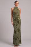 Army Green Mermaid High Neck Ruched Maxi Wedding Guest Dress