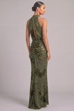 Army Green Mermaid High Neck Ruched Maxi Wedding Guest Dress