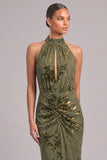 Army Green Mermaid High Neck Ruched Maxi Wedding Guest Dress