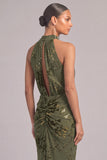 Army Green Mermaid High Neck Ruched Maxi Wedding Guest Dress