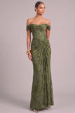 Army Green Corset Floral Mermaid Off the Shoulder Ruched Long Wedding Guest Dress